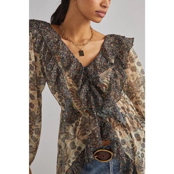 Let Me Be by Anthropologie Sheer Femme Ruffle Boho Maxi Buttondown Shirt SMALL - Picture 10 of 10